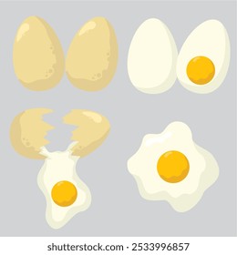 ilustração conceito de ovo, ovo cozido, ovo quebrado, ovo lado acima ensolarado, ilustração vetor estilo plano.
