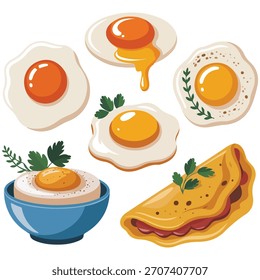 Egg cooking different ways meal preparing set isolated vector illustration on white background