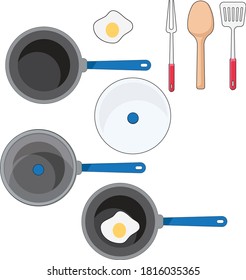 Egg cooking pan. Spoons and kitchen utensils. Pot with lid. Preparing breakfast or dinner. Fried Eggs.