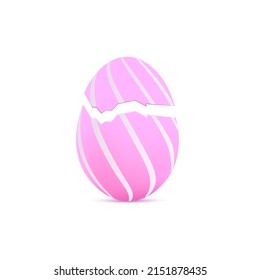 Egg with crack in 3D vector illustration. Pink broken egg with decorative lines isolated on white background. Realistic egg shells with shadow, object for happy easter design.