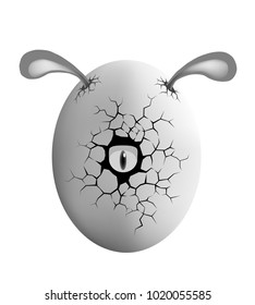 Egg with cracks and eye. Monster bunny peeking out of an egg shell. Vector illustration in cartoon style for Easter concept.