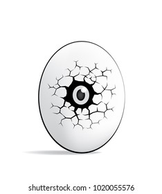 Egg with cracks and eye. Monster peeking out of an egg shell. Vector illustration in cartoon style for Easter concept.