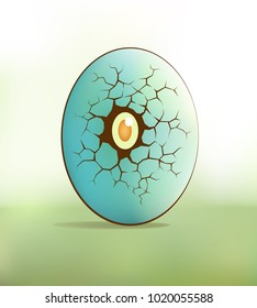 Egg with cracks and eye. Monster peeking out of an egg shell. Vector illustration in cartoon style for Easter concept.