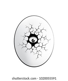 Egg with cracks and eye. Monster peeking out of an egg shell. Vector illustration in cartoon style for Easter concept.