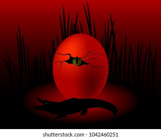 an egg with a crocodile eye and a grass on a dark red background