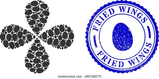 Egg curl flower cluster, and blue round FRIED WINGS rough stamp with icon inside. Element flower with 4 petals combined from oriented egg symbols. Vector flower collage in flat style.