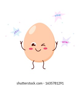 Egg. Cute cartoon character happy, joyful. Cartoon, comic, animation. Vector graphics. For advertising, children's decor, packaging, brochures