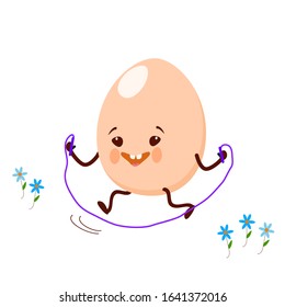 Egg. Cute cartoon character happy, joyful goes in for sports. Cartoon, comics, animation. Vector graphics. For advertising, children's decor, packaging, brochures