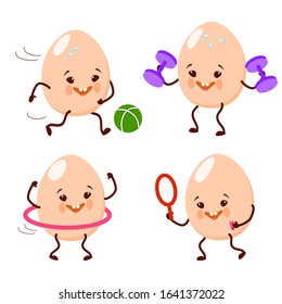 Egg. Cute cartoon character happy, joyful goes in for sports. Cartoon, comics, animation. Vector graphics. For advertising, children's decor, packaging, brochures