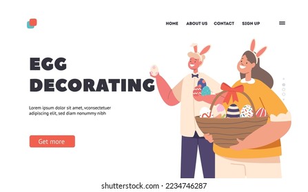 Egg Decorating Landing Page Template. Boy and Girl Characters with Painted Eggs in Basket. Happy Kids Celebrate Easter Event, Playing Eggs Hunt. Cartoon People Vector Illustration