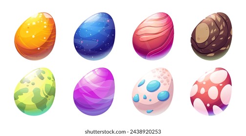 Egg dinosaur cartoon cute magic illustration set. Dragon or reptile monster isolated oval shell drawing for prehistoric fairytale game design. Spotted and green hatching nature exotic symbol