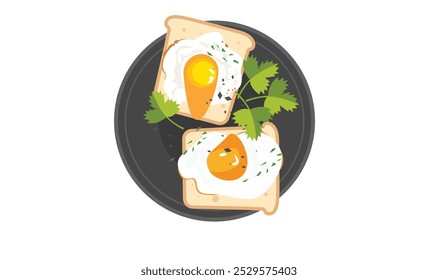 Vetor de prato de ovos. Café da manhã com ovo frito e pão. Café da manhã com comida. Clipart de comida. Vetor plano sanduíche em estilo de desenho animado isolado no fundo branco.