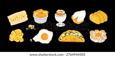 Egg dishes icons dark background, scrambled eggs, fried egg, soft boiled, tamagoyaki, omelette wrap, sandwich, breakfast food illustration set