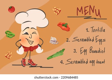 Egg Dishes With Vegetables. Cute Funny Egg Invites To Breakfast. Cook's Character Advertises Menu. Healthy Food Concept. Vector Cartoon Illustration For Poster, Menu, Cafe, Restaurant, Snack Bar, Card