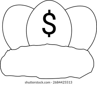 Icono del huevo y del dólar con el fondo blanco. Con las líneas negras