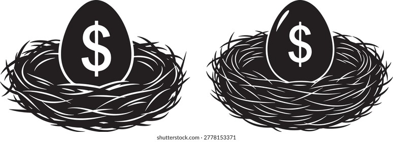 Egg with dollar symbol in nest, symbolizing savings and investment.