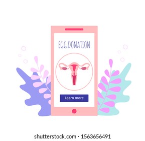 Egg donation. Picture of smartphone with page about egg donation. Forum, chat, mobile app, FAQ. Vector illustration. 