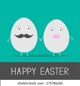 Egg easter couple with lips and mustaches. Cute and funny card. Vector illustration.