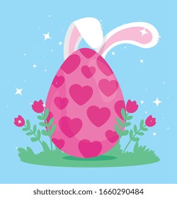 egg easter with ears of rabbit and flowers decoration vector illustration design