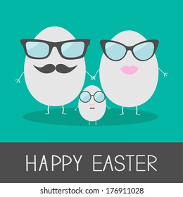 Egg easter family with lips, mustaches and eyeglasses. Cute and funny card. Vector illustration.