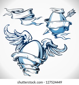 Egg easter tattoo with sword. Place to insert your text. Colorful vector illustration. rock tattoo with ribbons and wings. boom