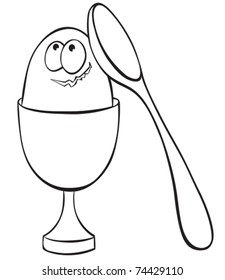 Egg in eggcup and spoon. B&W outline illustration