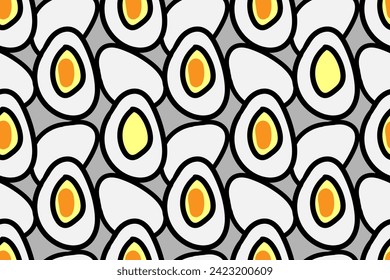 Huevo, huevos, huevos pasados por agua, desayuno, cocina, caricaturas. Comida saludable. Patrón vectorial transparente para el diseño y la decoración.