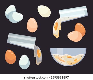 Egg in eggshell, pieces boiled and fries. Whole and half, sliced eggs. Vector isolated on white background. Row egg.