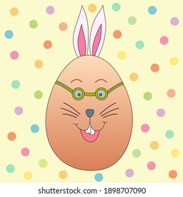 Egg with the face and ears of an Easter bunny. Cute character for the holiday. Vector cartoon illustration.