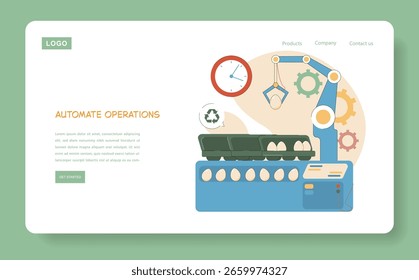 Egg farm automation operations enhance efficiency and productivity. The illustration showcases a robotic arm transporting eggs, integrated with gears and a clock for optimal performance. Vector