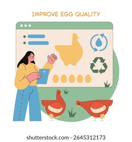 Egg Farm illustration focuses on enhancing egg quality through technology and sustainable practices. A woman reviews data while chickens roam nearby, symbolizing innovation in poultry farming. Vector