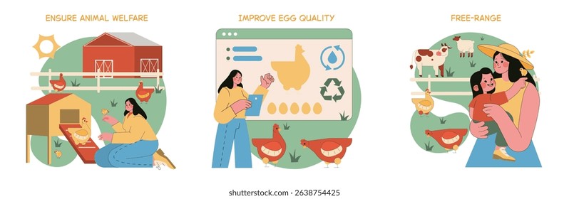 Egg Farm Illustration portrays sustainable farming practices. Emphasizing animal welfare and egg quality improvement, it illustrates a harmonious environment for both hens and farmers to thrive