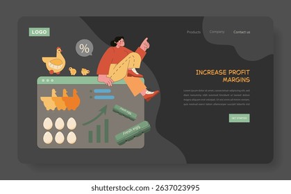 Egg Farm illustration. A representation of a digital platform showcasing egg production and sales with engaging elements like chickens and profit graphs. Promotes business growth and efficiency