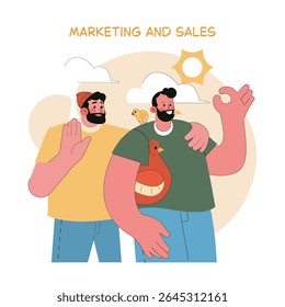 Egg farm marketing and sales representation. Two men engage with poultry, emphasizing agricultural business growth. The scene is lively, capturing the essence of farm life and commerce. Vector