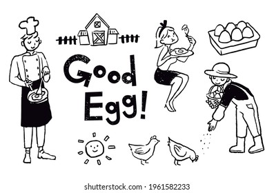 Egg And Farm. Vector Illustration Of Egg, Eggs Farm Workers, Farm, Chickens, Sun, Cook And Food Connoisseur.