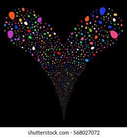 Egg fireworks stream. Vector illustration style is flat bright multicolored iconic symbols on a black background. Object double fountain organized from random symbols.