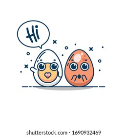 Egg with flat cartoon style. Two eggs say hi vector illustration. Boiled eggs icon. Eggs vector with modern line art isolated on white background. Suitable for sticker, mascot, web line page and more.