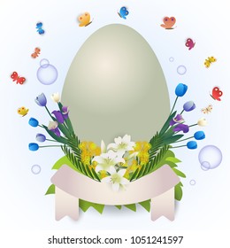 egg with flower and scroll banner,cute cartoon character,vector illustration for greeting card,invitation, celebration or poster,Easter day