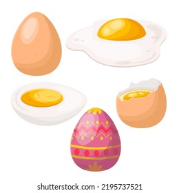 egg food chicken set cartoon. organic breakfast, protein farm product, yellow yolk, broken egg food chicken vector illustration