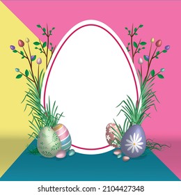 Egg form frame decorated with some grass, folliage and Chocolate eggs with space for copy in the middle in geometric background. Easter theme branding background for post in social media