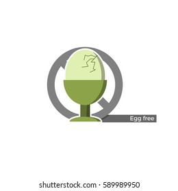 Egg free food label. Vector illustration in flat design and eco-style colors. Icon of a cracked egg, crossed by "no"-symbol. Dangerous allergen to avoid. 