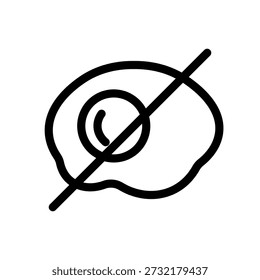 Egg free icon in clean outline style featuring crossed egg symbol. Represents no eggs, egg allergy warning, and dietary restriction. Suitable for nutrition labels, restaurant menus, diet filters, food packaging, and wellness or health apps. Minimalist black and white vector icon with editable stroke, scalable for UI, web, and print use.