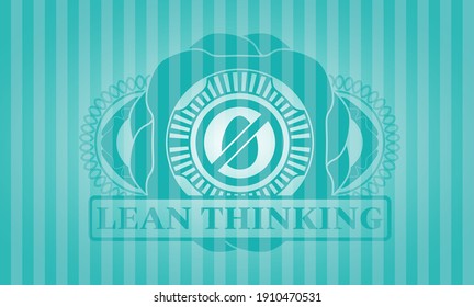 egg free icon and Lean Thinking text Turquoise color realistic badge. Bars classic background. Vector illustration. 