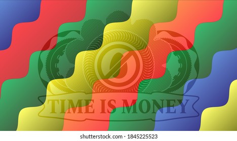 egg free icon and Time is money text Colorful candy multicolored realistic badge. Curvy luxurious background. Artistic illustration. 