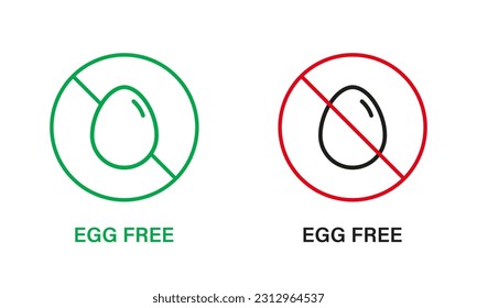 Egg Free Line Icon Set. Chicken and Eggs Nourishment Stop Sign. Egg Allergic Product Forbidden Symbol. Guaranteed Safe Dietary Vegan Food Logo. No Eggs. Isolated Vector Illustration.