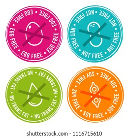 Egg free, Nut free, Transfat free and Soy free Badges. Eps10 Vector.