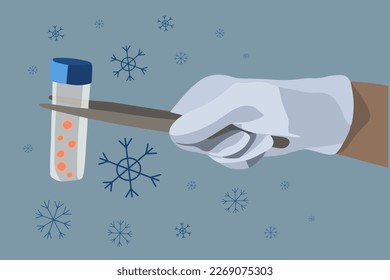 Egg freezing vector isolated illustration. Egg donation. Artificial insemination. A hand holds a test tube with egg cells.