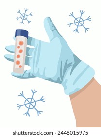 Egg freezing vector isolated illustration. Egg donation. Artificial insemination. A hand holds a test tube with egg cells.	