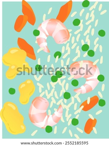 Egg Fried Rice with Prawns and Peas - Vector Illustration
