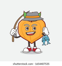 Egg fruit cartoon mascot character fishing with 2 fishes